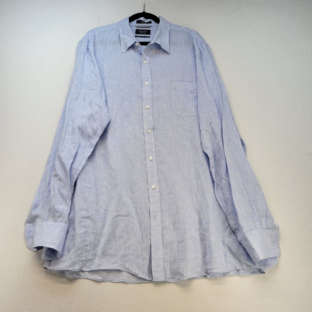 Nordstrom Button Down Shirt Mens XXL Tall Blue Linen Regular Fit Long Sleeve